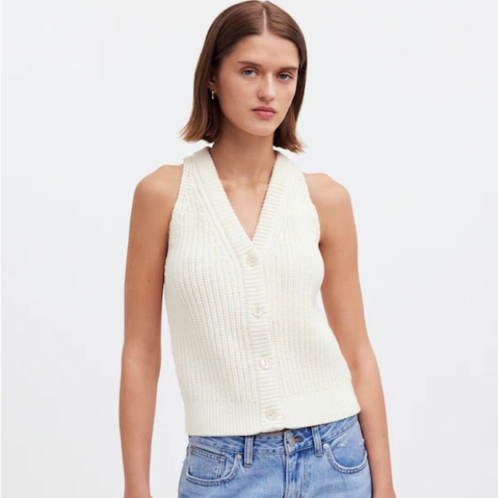 Madewell Ivory Cutaway Button Front Cotton Blend Knit Sweater Vest Small NQ338